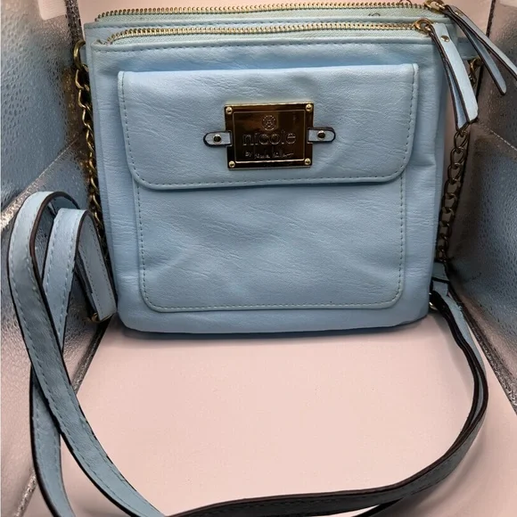 Nicole by Nicole Miller Light Blue Crossbody Bag with Gold Tag & Chained Links - Picture 2 of 12